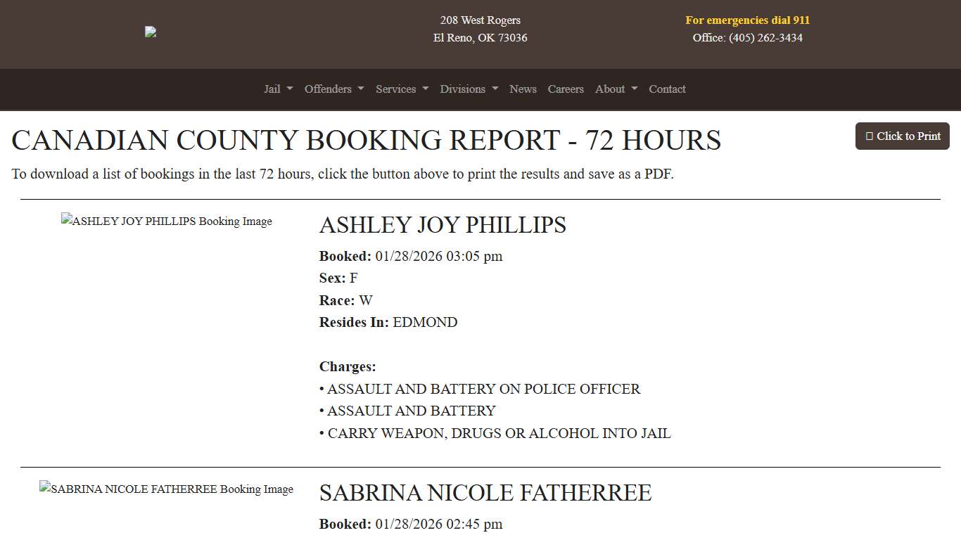 72 Hour Booking Report Canadian County Sheriff's Office